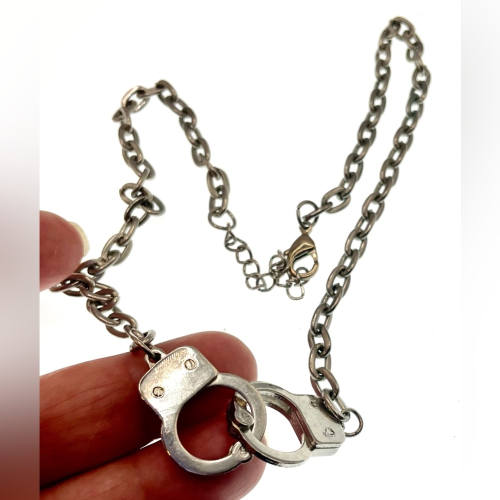 Vintage Y2K Silver Tone Chain Linked Necklace Choker Handcuffs